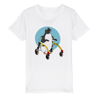 White kids tee featuring a penguin in his yellow walker.