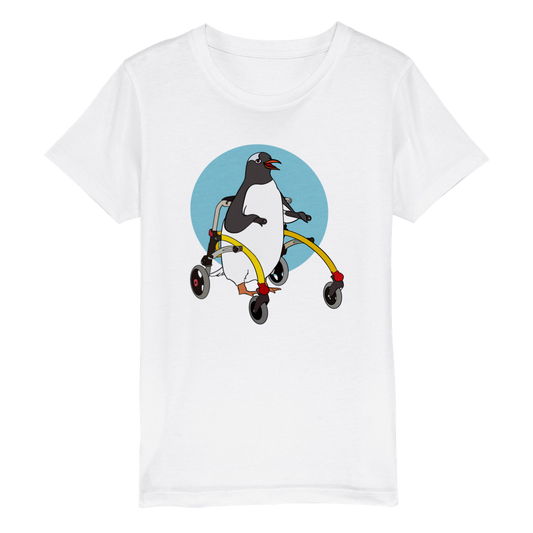 White kids tee featuring a penguin in his yellow walker.