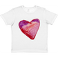 White child's T-shirt laying on a white background with a original piece of art created with Pastels in pink and purple outlined in red original art created by Ashley Caldwell