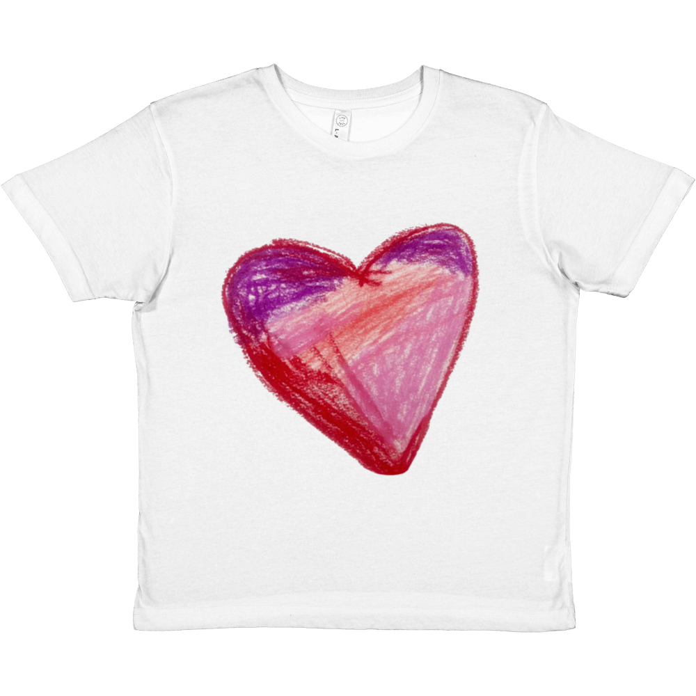 White child's T-shirt laying on a white background with a original piece of art created with Pastels in pink and purple outlined in red original art created by Ashley Caldwell