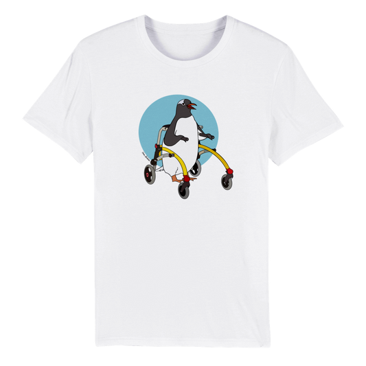 Penguin Walker Advocate t-shirt with an adorable penguin using walker, celebrating mobility aids and disability pride
